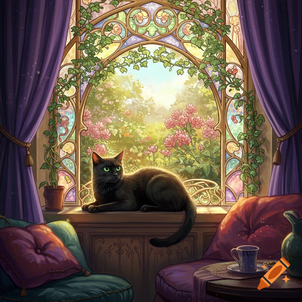 A black cat with green eyes lies on a window sill in a cozy room with purple curtains and stained glass, overlooking a vibrant garden with pink flowers.