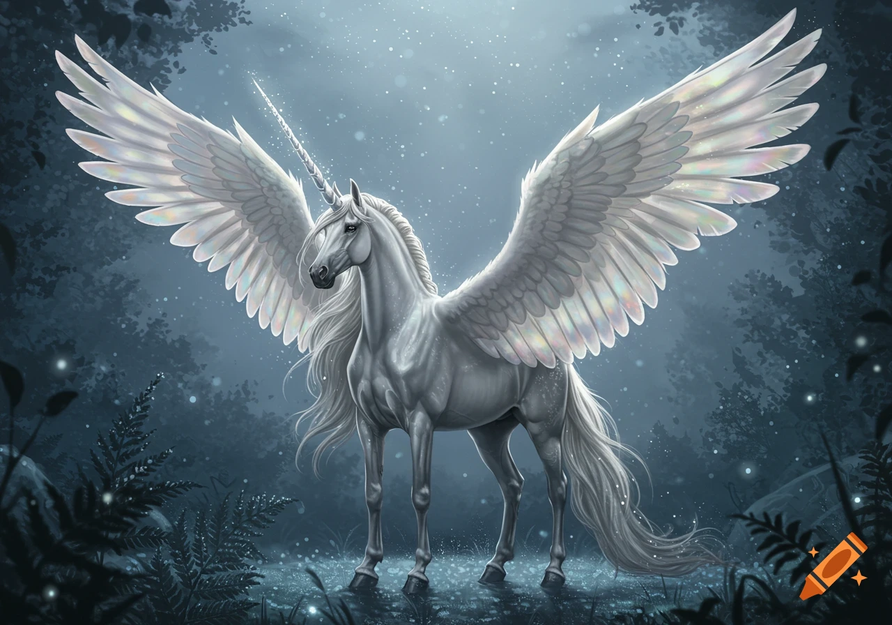 A majestic, silvery-white winged unicorn with a sparkling horn stands in a mystical, dark forest with glowing particles.