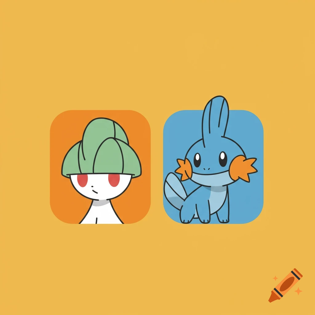 Minimalist flat icon illustrations of Ralts and Mudkip on a yellow background.