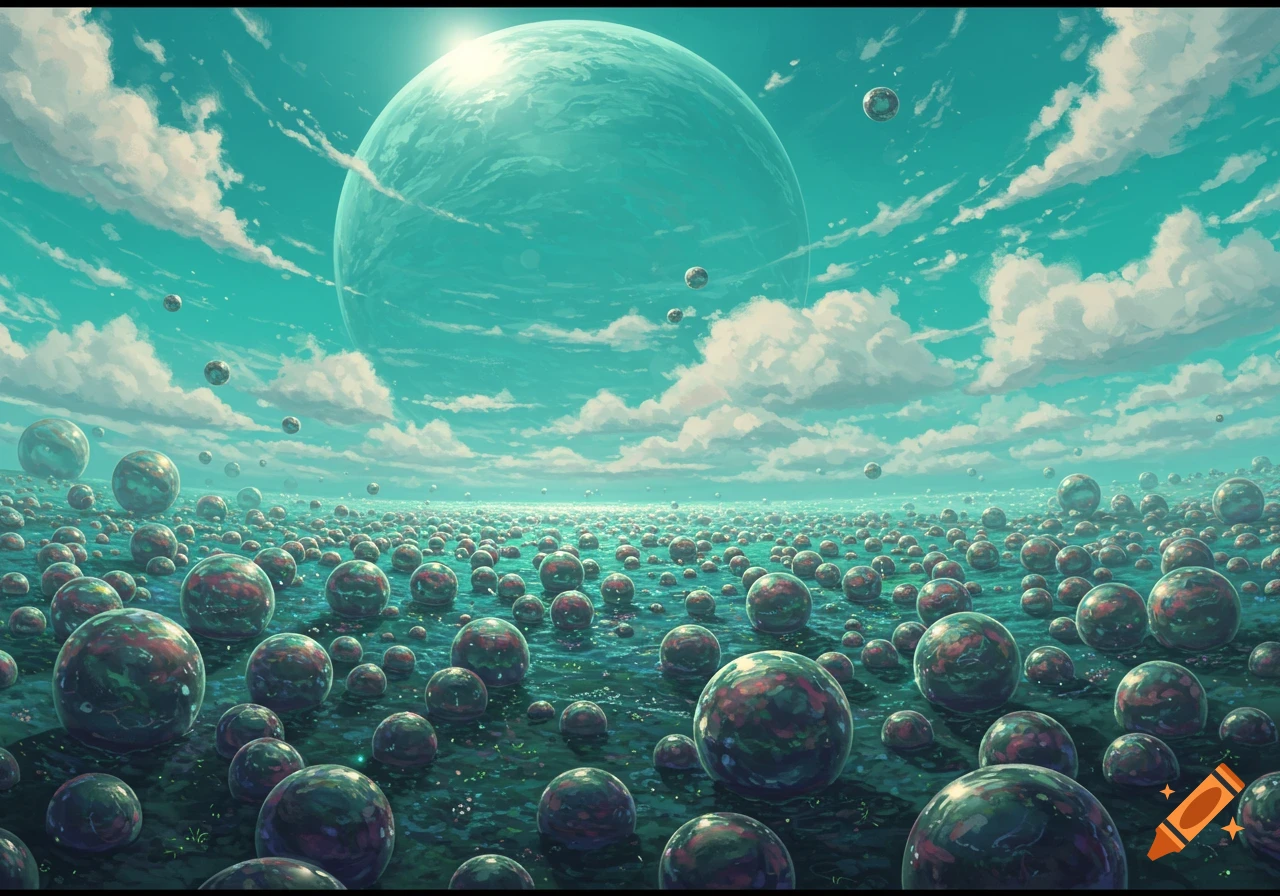 A vibrant alien landscape featuring a large teal planet and bright sun in the sky, above a field of countless glowing, colorful spheres.