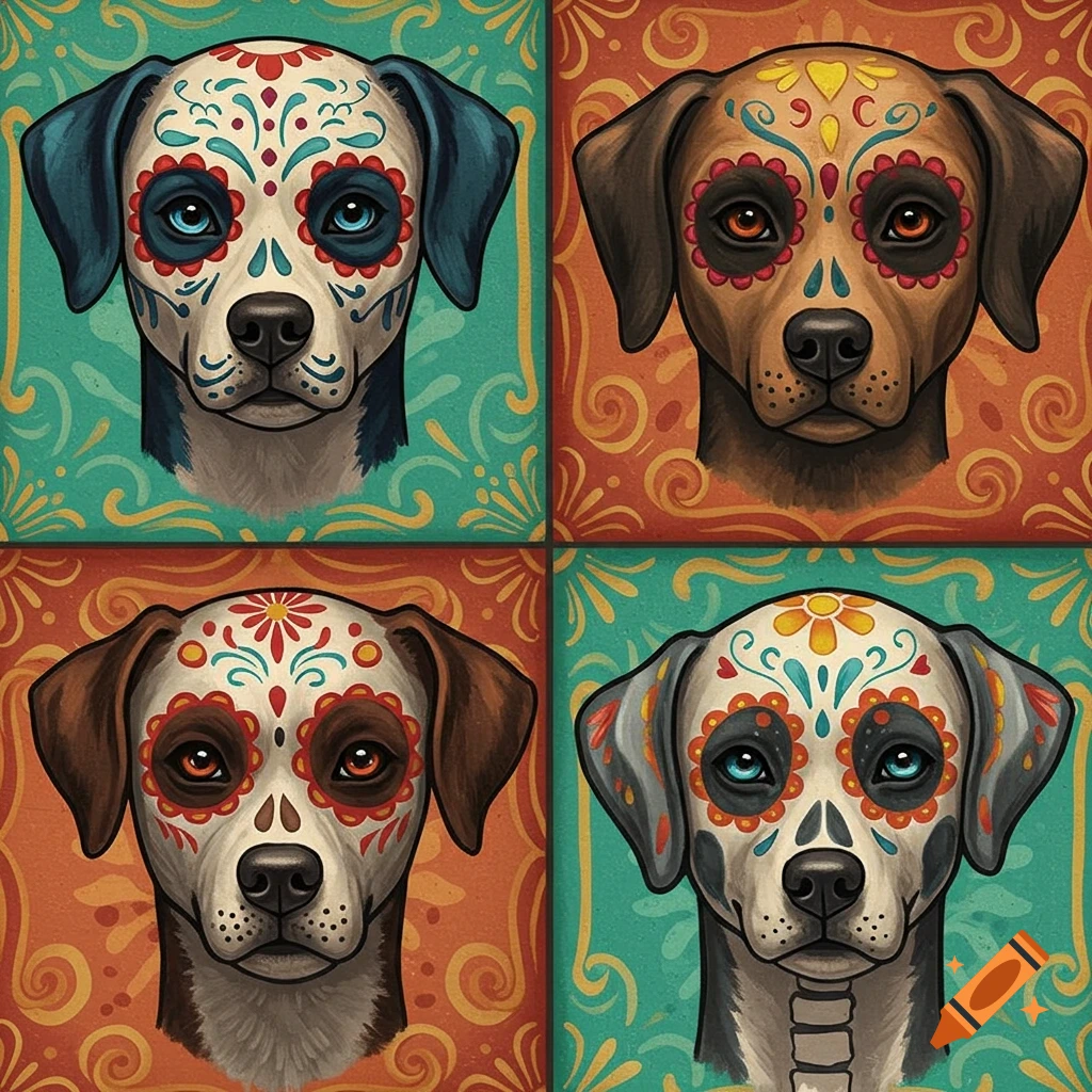 Four stylized dog heads painted with colorful sugar skull designs, arranged in a grid on vibrant Mexican tile patterns.