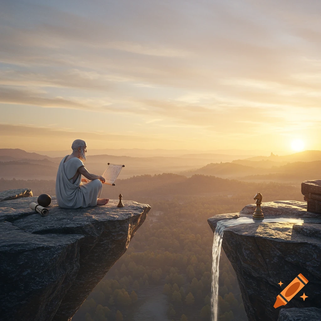 A serene old man in a toga sits on a cliff, reading a scroll and overlooking a vast, misty mountain landscape at sunrise, with chess pieces on separate rocky cliffs.