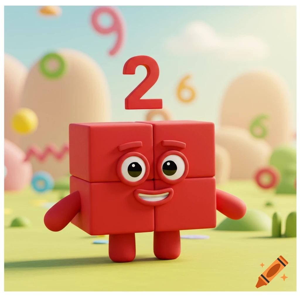 Numberblock 2, a red block character, smiles in a bright, grassy landscape with floating numbers, in a 3D animation style.