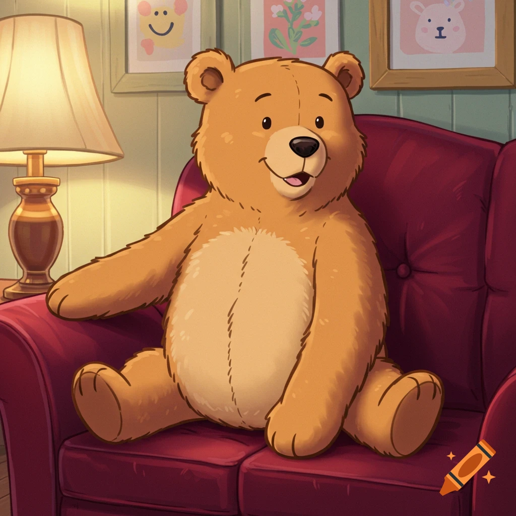 A happy Winnie the Pooh-inspired cartoon bear sits on a red sofa, with a texture contrast of smooth upper body and fluffy lower body.