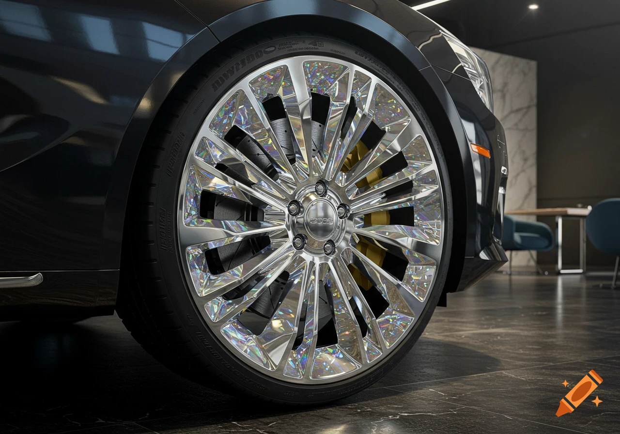 A close-up of a black luxury car's wheel with a chrome, diamond-faceted hubcap and golden brake calipers.