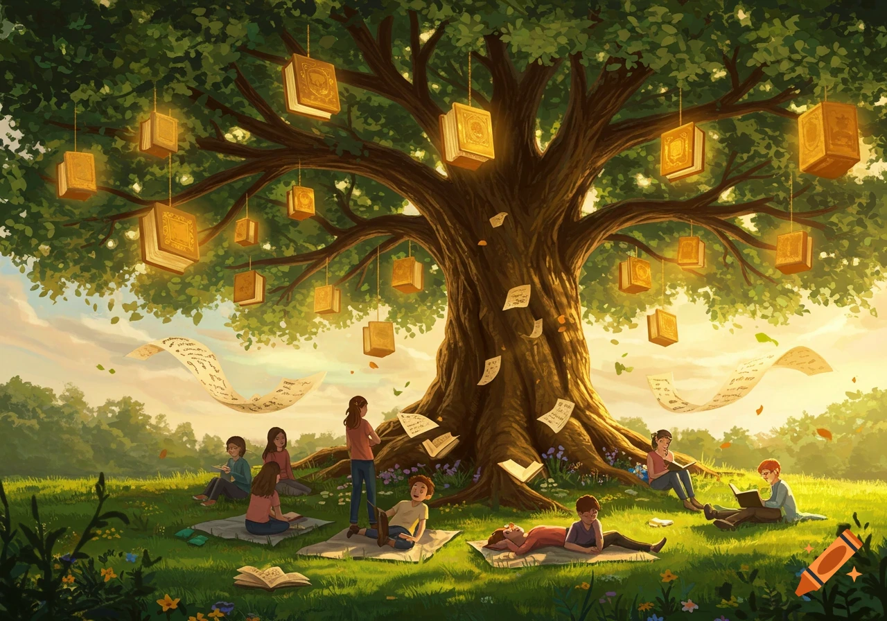 Illustrated fantasy scene of children reading under a magical tree with glowing books hanging and pages floating in the air.