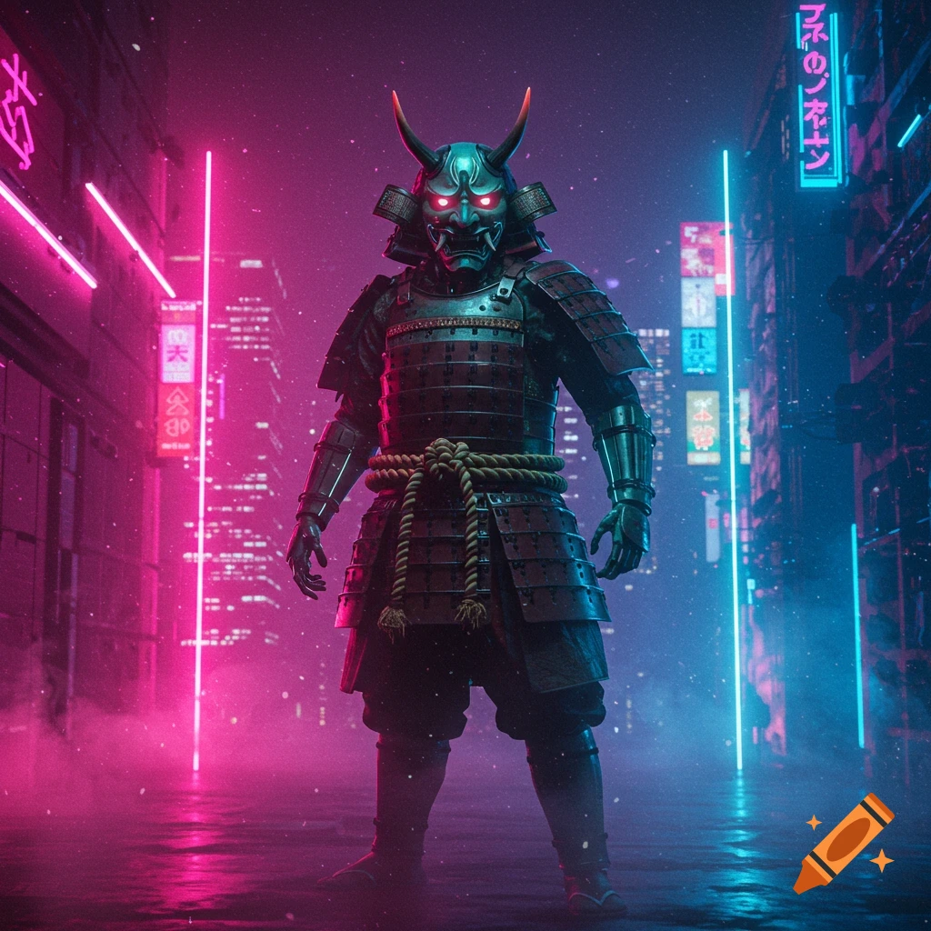 A horned oni samurai in dark armor with glowing red eyes stands in a neon-lit cyberpunk city at night with pink and blue lights.