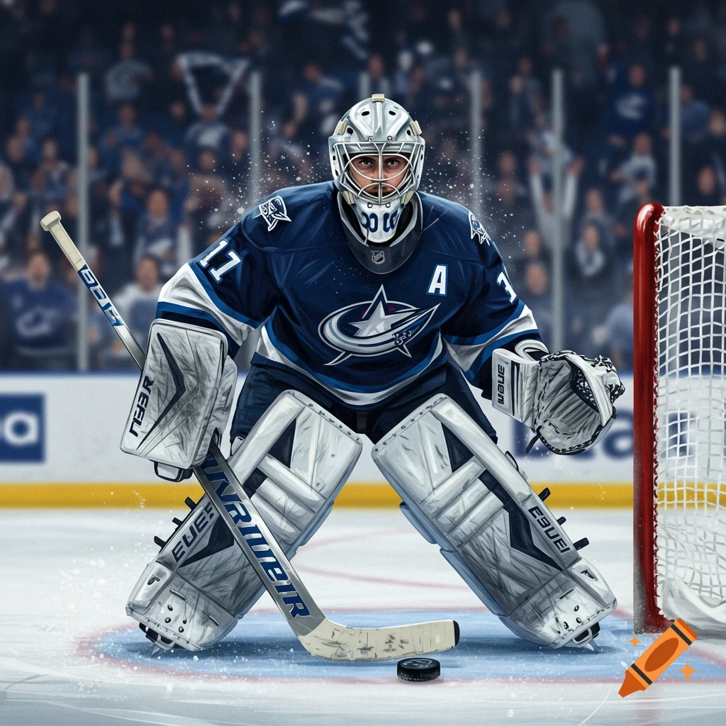 A stylized illustration of an ice hockey goalie in a blue and white uniform with the number 17 and an A, holding a stick, in front of a net on a rink.