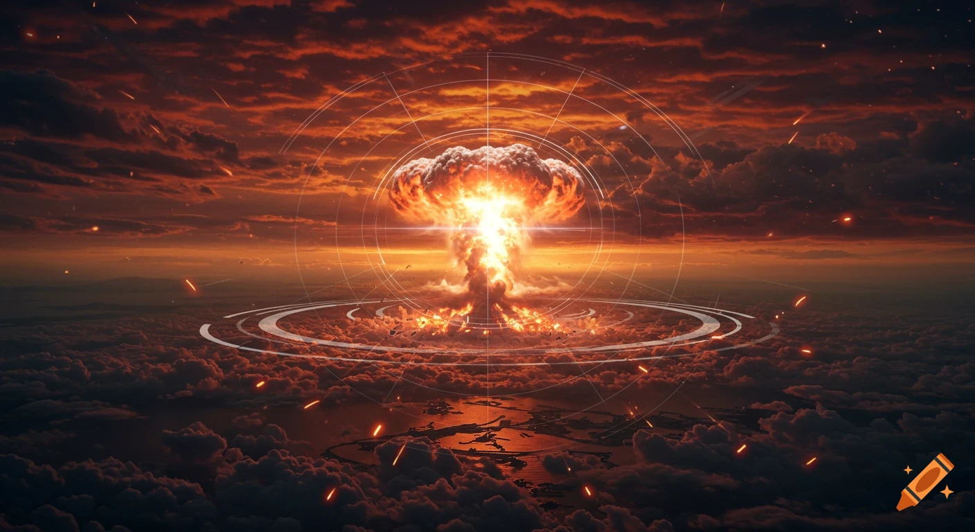 Dramatic aerial view of a massive nuclear explosion, a mushroom cloud rising from an orange-red sky with radar rings and fiery clouds.
