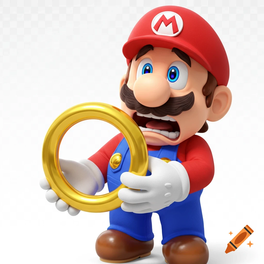 Super Mario, looking scared, holds a golden ring from Sonic the Hedgehog, in a 3D animated style on a transparent background.