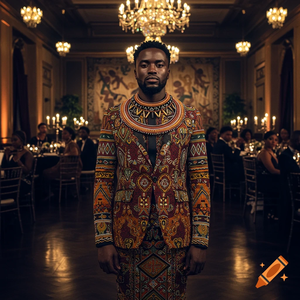 A Black man in a vibrant, patterned traditional suit and elaborate beaded collar stands in a grand ballroom.