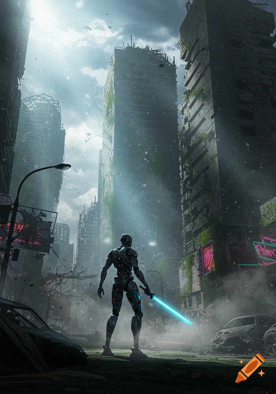 A sleek robot with a blue light sword stands in a destroyed, overgrown city under a bright, hazy sky, surrounded by crumbling buildings and wrecked cars.