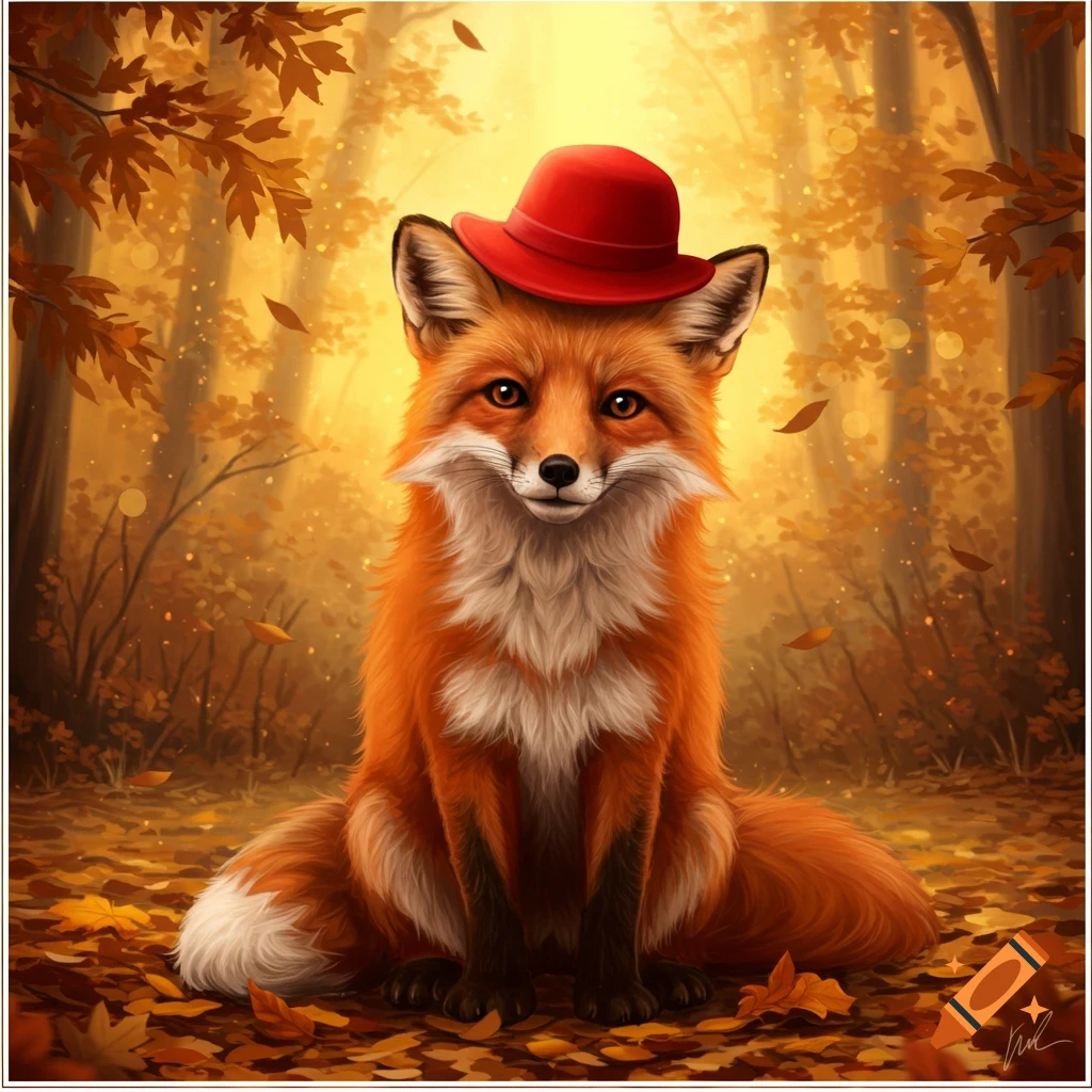 A cute red fox wearing a red hat sits among golden autumn leaves in a sunlit forest.