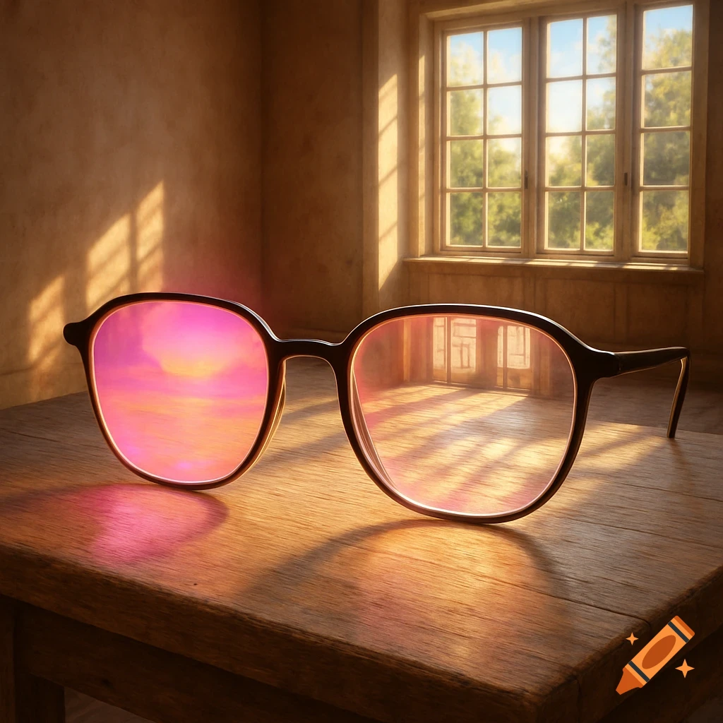 A pair of glasses on a wooden table, one lens reflecting a sunset, the other reflecting a sunlit room.