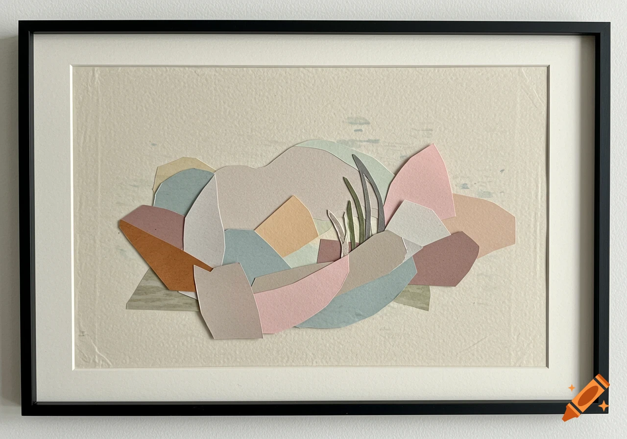 An abstract paper collage featuring muted pastel colors and organic shapes, framed in black with a white mat.