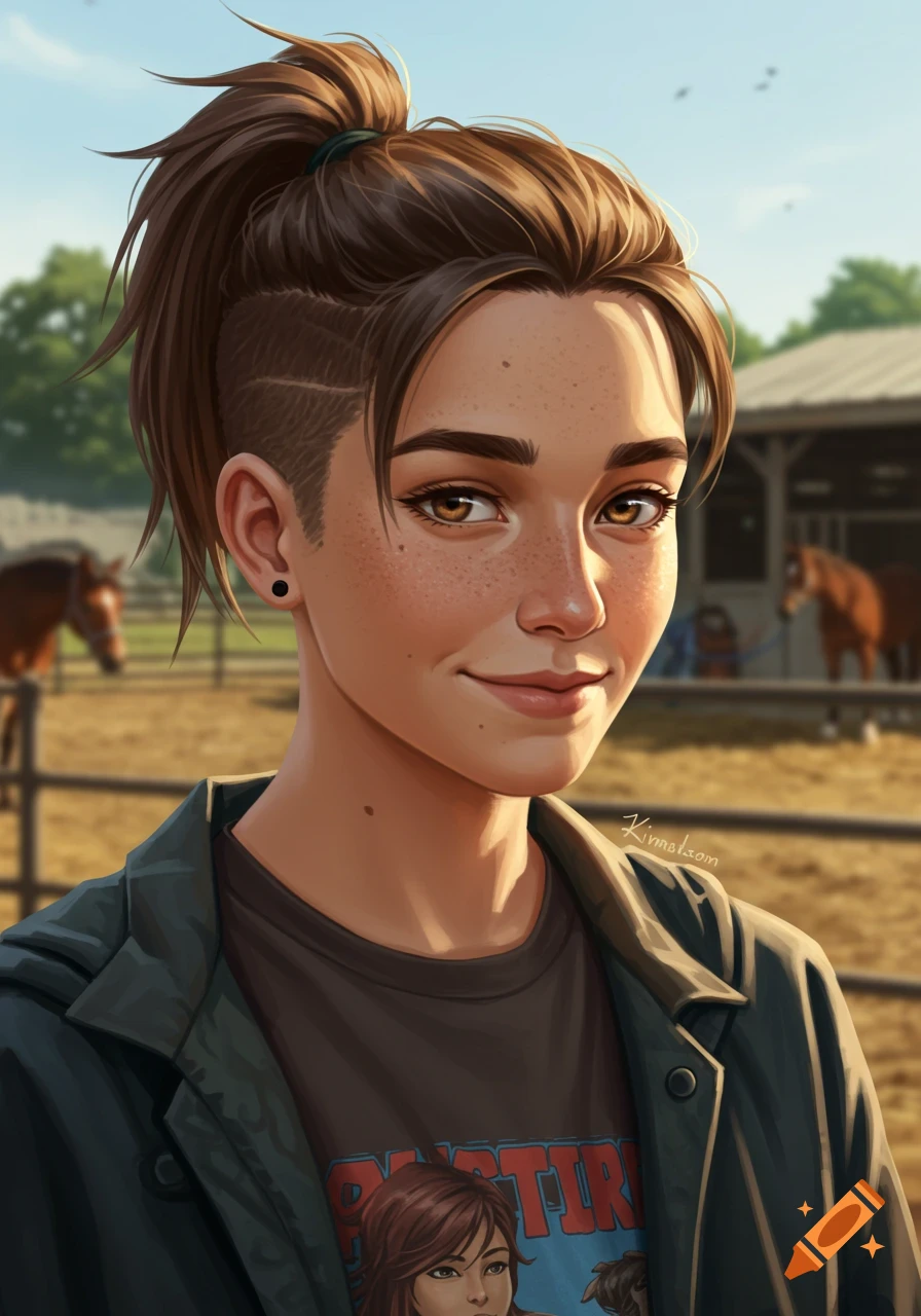 A photorealistic digital art portrait of a young woman with a high ponytail and shaved sides, freckles, wearing a graphic T-shirt and jacket, smiling at a rustic horse farm.
