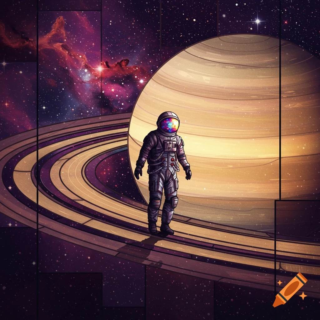An astronaut stands on Saturn's rings with a nebula in the background, rendered in a colorful stained glass style.