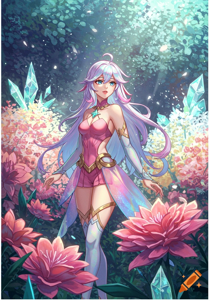 A fantasy anime girl with long pastel hair and a pink iridescent outfit stands among large pink flowers and glowing crystals in a magical forest.