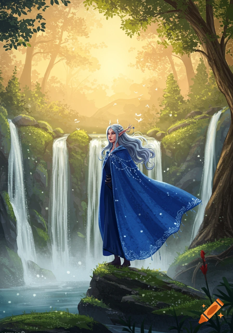 An elf-like woman in a blue cloak stands on a rock in a lush forest with multiple waterfalls, bathed in golden light.