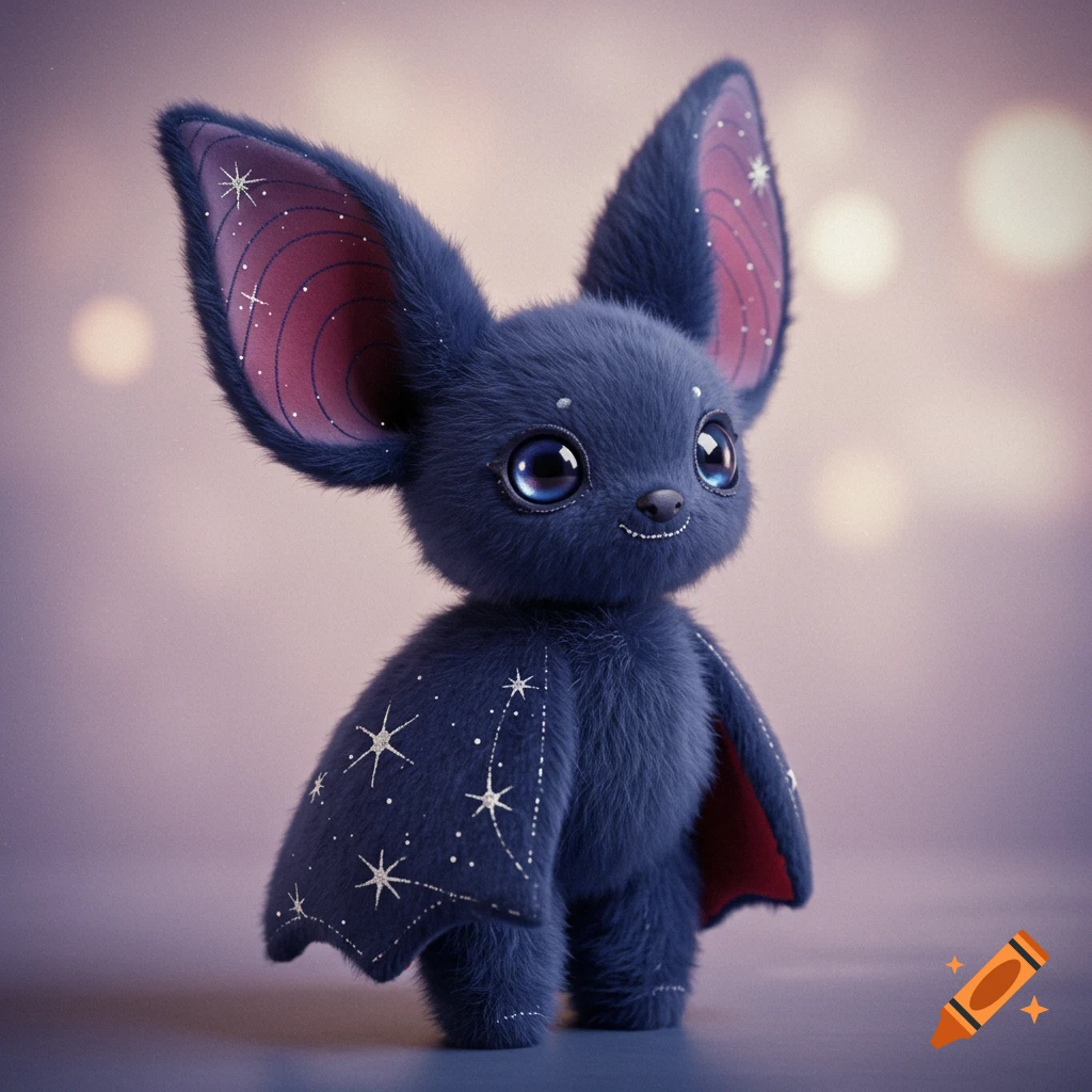 A cute, dark blue plush bat with large ears, shiny eyes, and a starry cape stands on a blurry purple background.