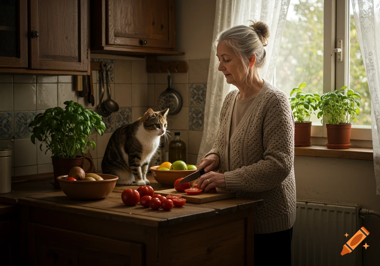 An elderly woman chops tomatoes in a rustic kitchen with a tabby cat on the counter, potted basil, and a sunlit window. Photorealistic.