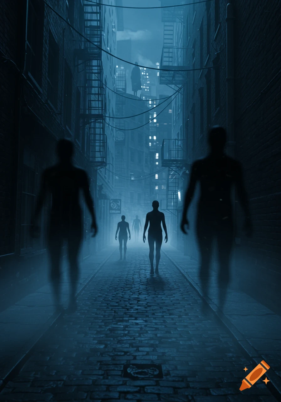A dark, misty alleyway with several shadowy, translucent figures walking towards and away from the viewer. Tall, ominous buildings with fire escapes line the street, dimly lit by distant city lights, all bathed in a blue-grey hue.