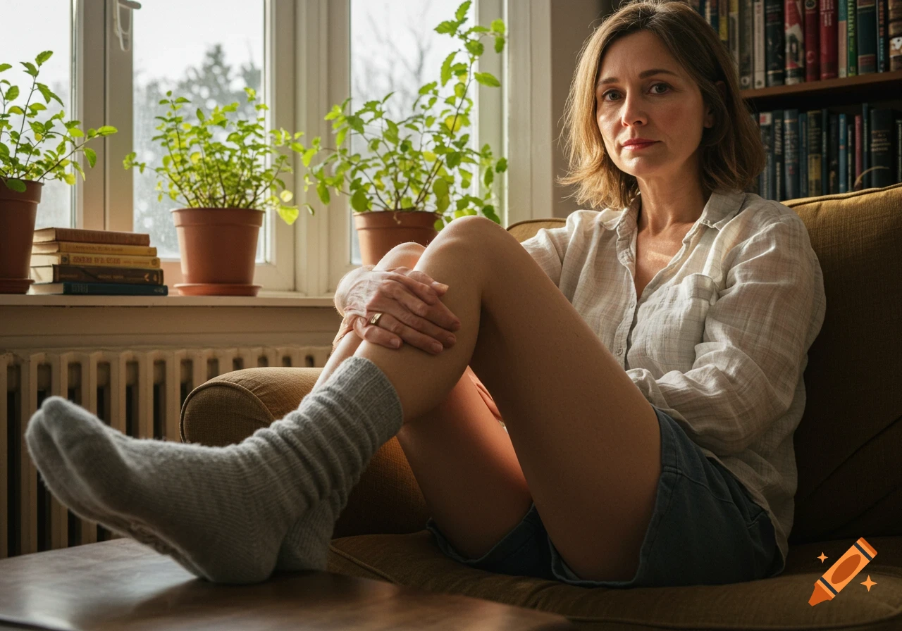 A woman in a white shirt, shorts, and grey socks sits on a couch by a window with potted plants, looking at the viewer.