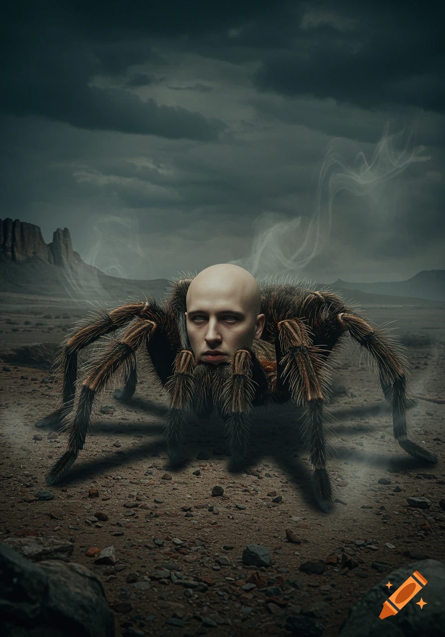 A giant tarantula with a bald man's head on its body stands in a dark, barren desert under a stormy sky with wisps of smoke.