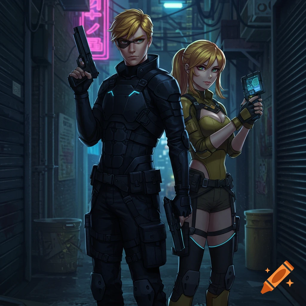 Anime-style illustration of two blonde spies in tactical gear in a cyberpunk alley at night. The man holds a pistol, the woman a scanner.