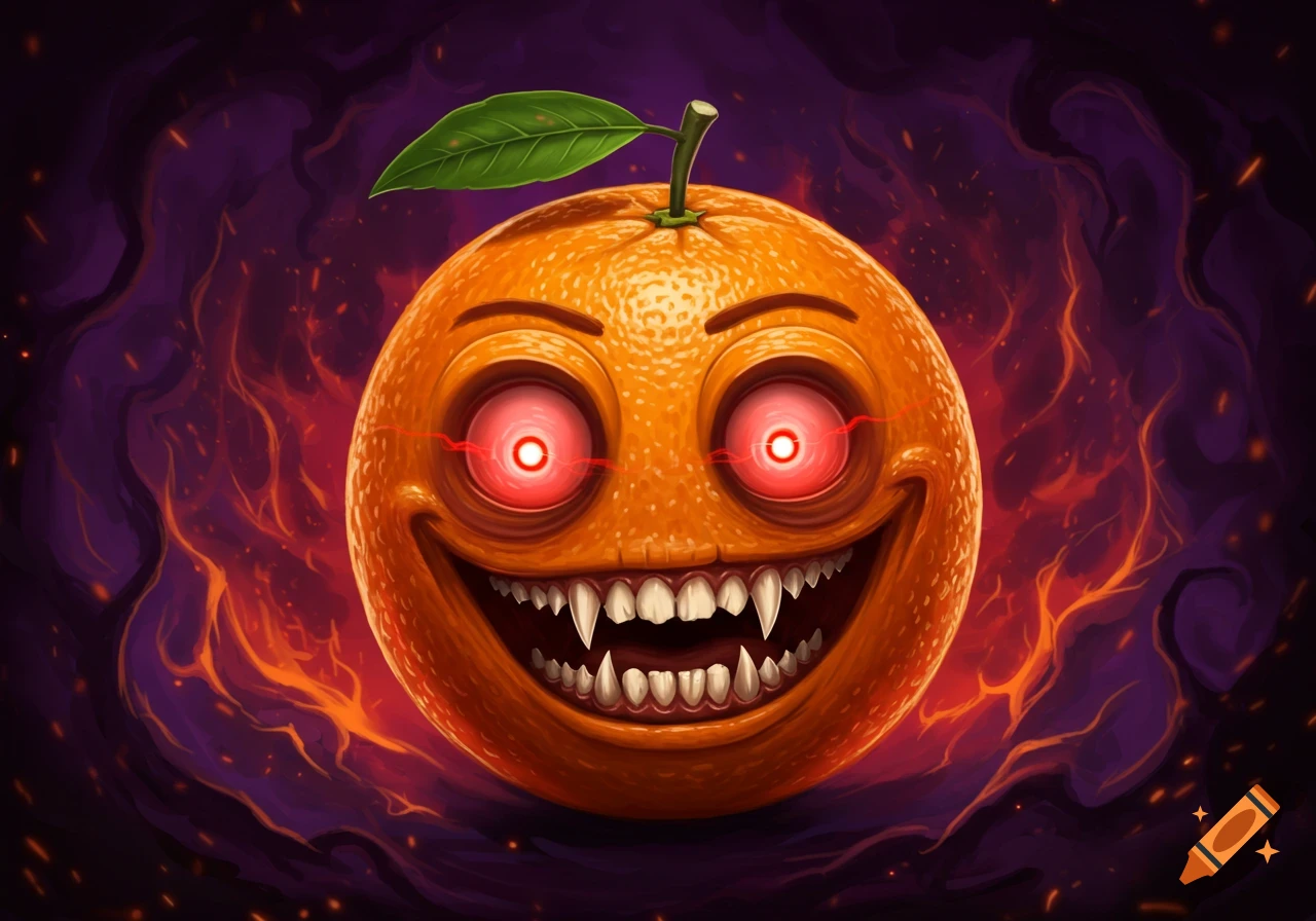 A cartoon possessed orange with glowing red eyes and fangs grins menacingly against a fiery, smoky background.
