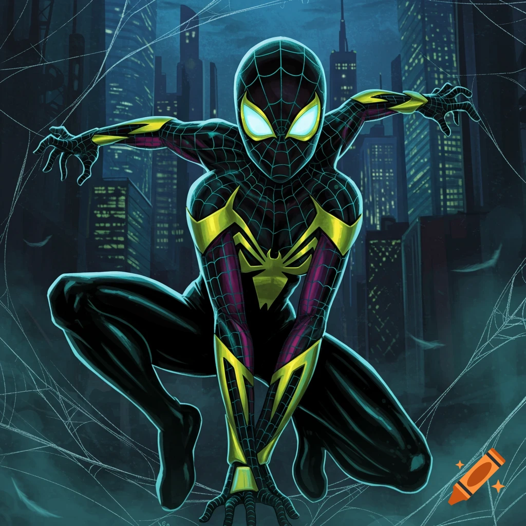 A character in a black, gold, and purple spider-suit crouches in front of a neon-lit city skyline at night.