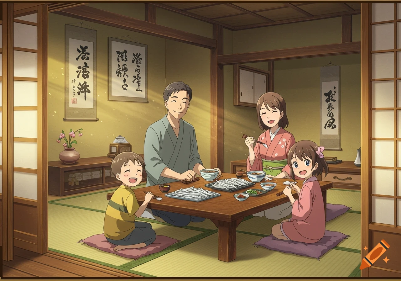 An anime-style illustration of a happy Japanese family, father, mother, son, and daughter, smiling while eating dinner with shirasu in a cozy wooden dining room.