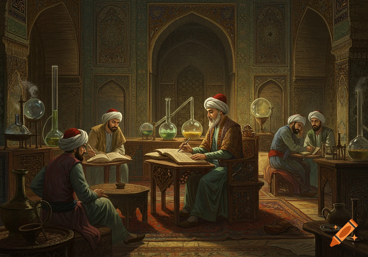 A historical painting of turbaned scholars in an ancient Persian laboratory, studying and working amidst glass scientific equipment.