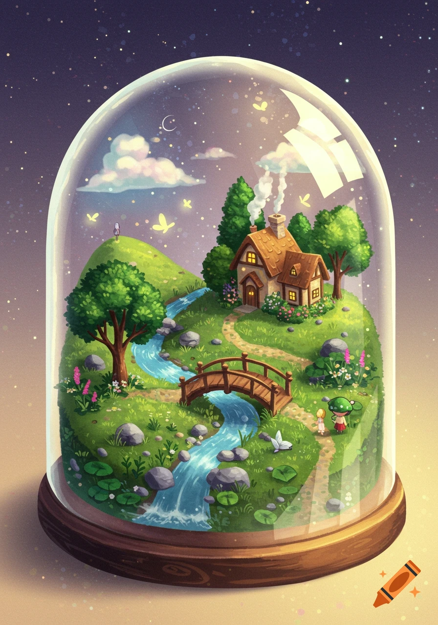 A charming illustration of a miniature fantasy landscape inside a glass dome, featuring a cozy house, stream, bridge, trees, and small figures under a starry sky.