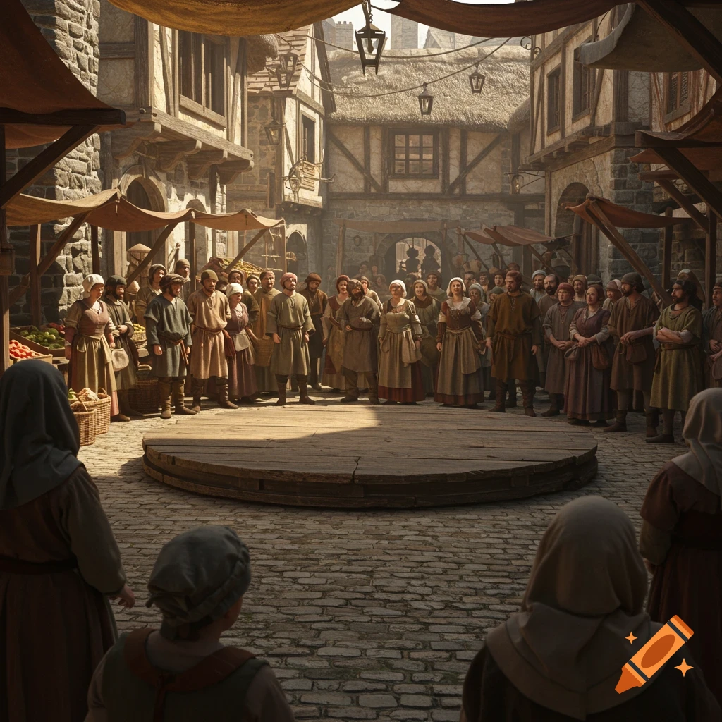 A crowd in medieval attire gathers around an empty circular wooden platform in a busy market square of a medieval town, low-angle shot.