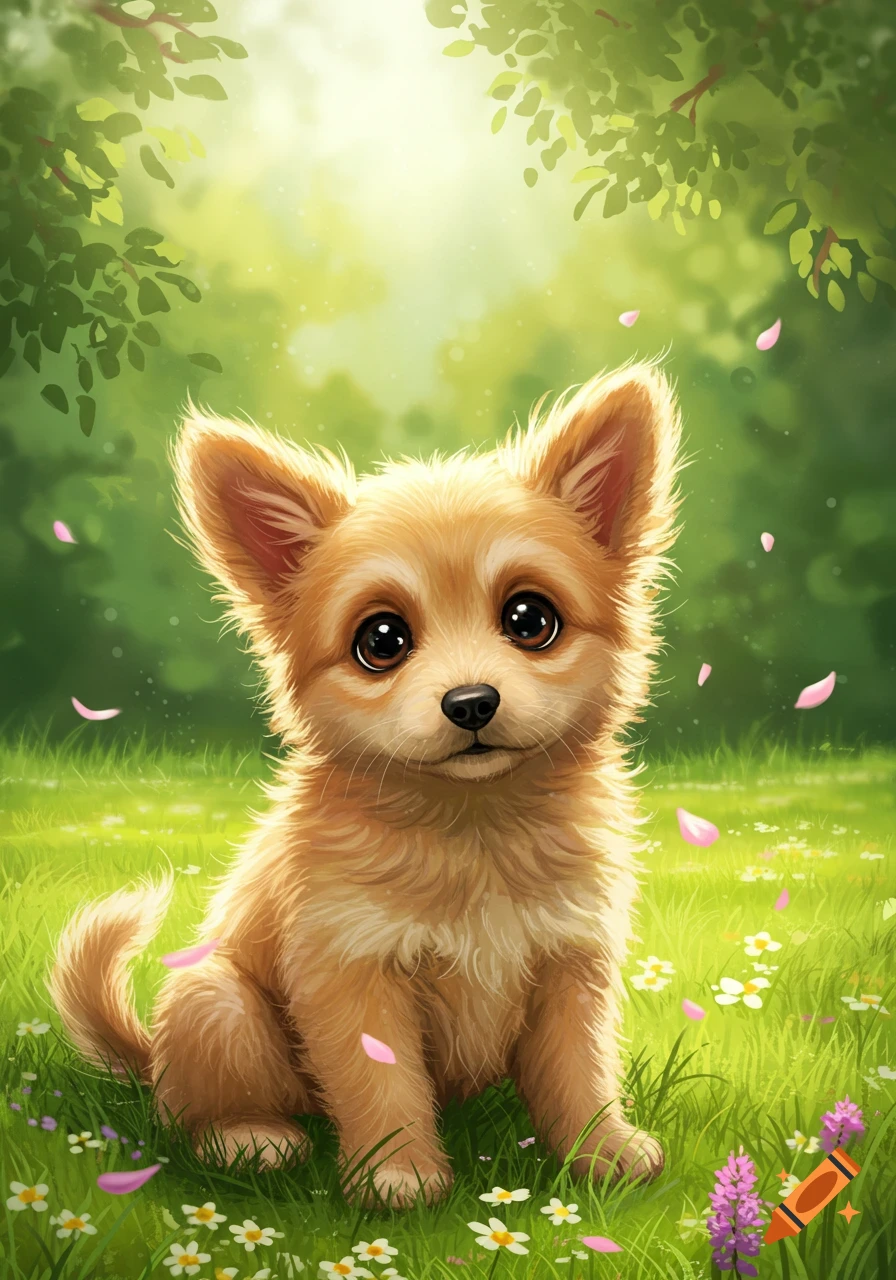 A cute, fluffy light brown puppy with big eyes sits in a sunny green field with pink petals and small white and purple flowers.