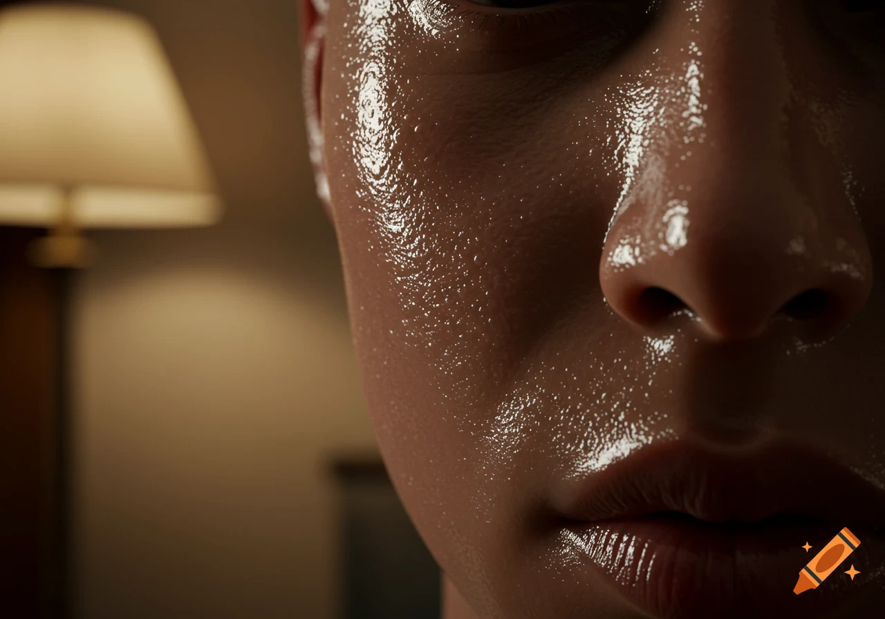 Photorealistic close-up of a person's face with glistening, oily skin, with a blurred lamp in the background.