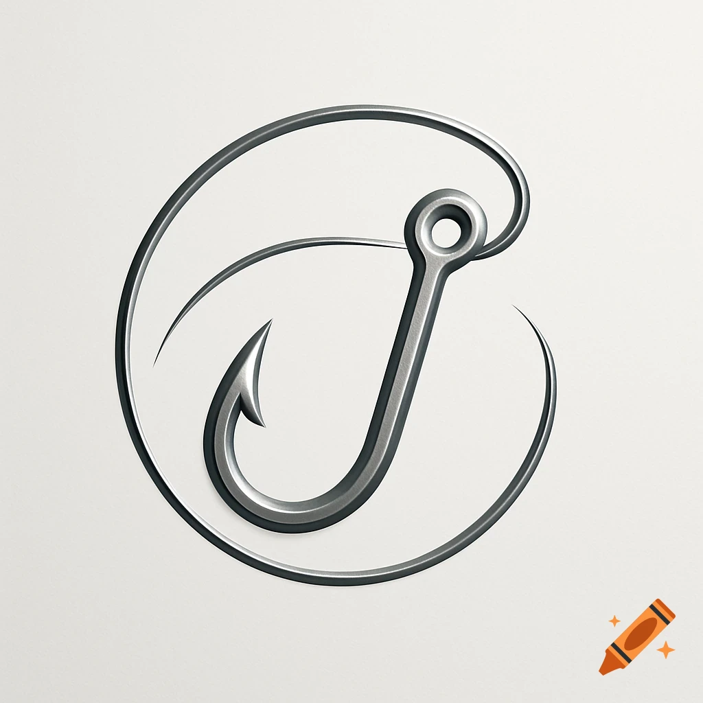 A stylized silver fishing hook with a curved line design, presented as a logo on a white background.