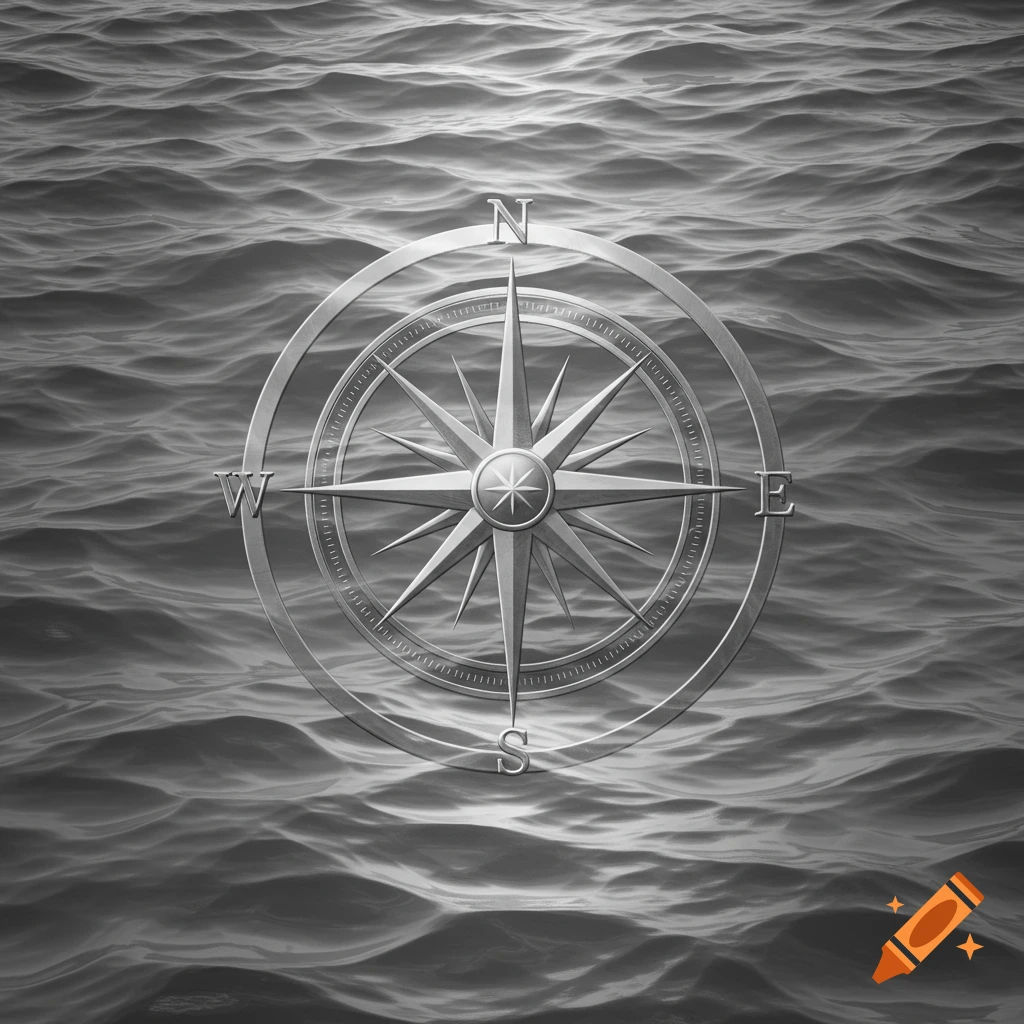 A metallic compass rose with cardinal directions N, E, S, W floats above dark, rippling ocean waves in a grayscale image.