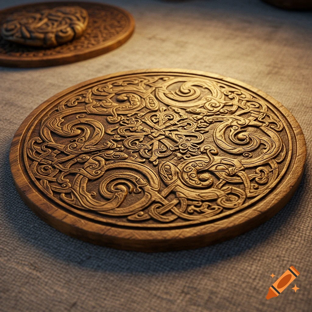 A close-up of a round wooden disc with intricate Nordic patterns carved into its surface, resting on a textured fabric.