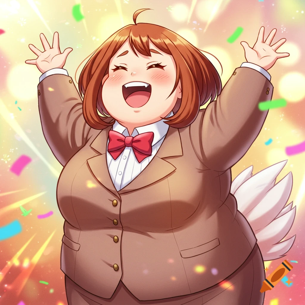 A chubby anime girl in a brown suit and red bow tie laughs with arms raised, surrounded by colorful confetti.
