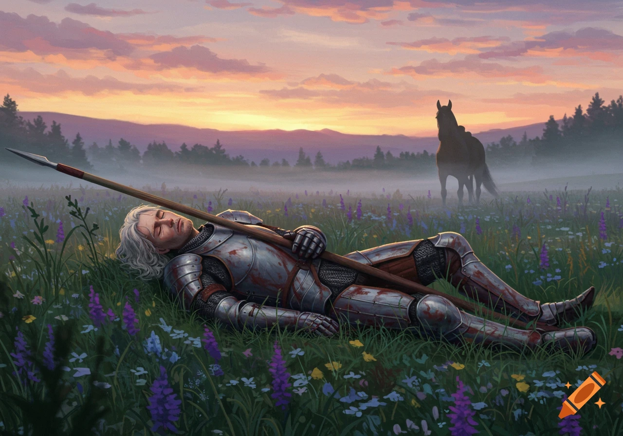 A wounded knight in full armor lies on his back in a vibrant field of wildflowers with a spear, his horse standing in the misty distance at sunset.