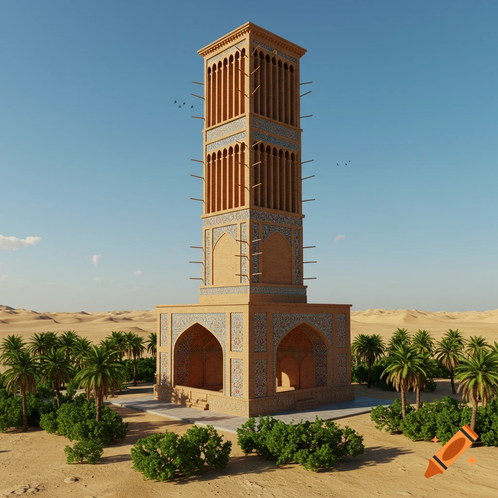 A tall, ornate traditional Persian wind catcher building stands among palm trees and bushes in a desert landscape under a clear blue sky.
