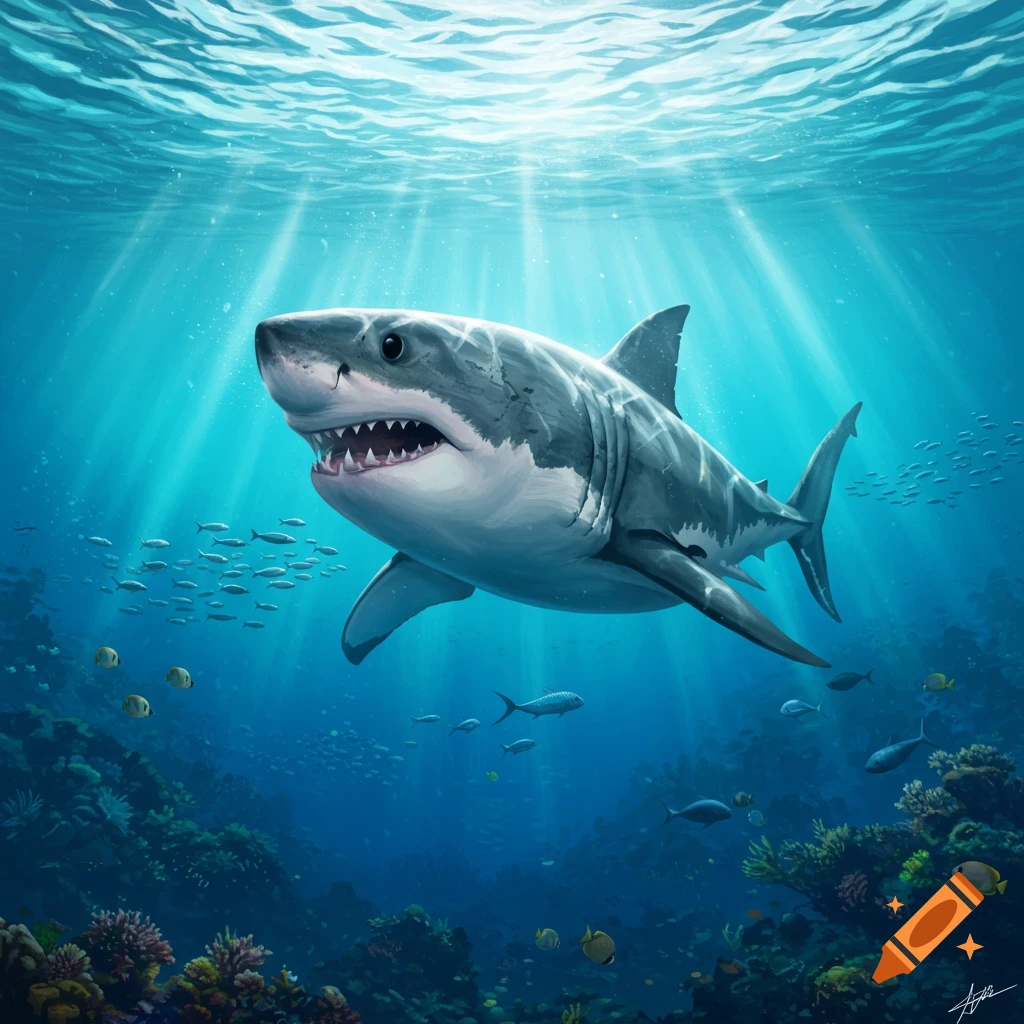 A great white shark swims in a vibrant blue ocean, illuminated by sun rays, above a coral reef with schooling fish.