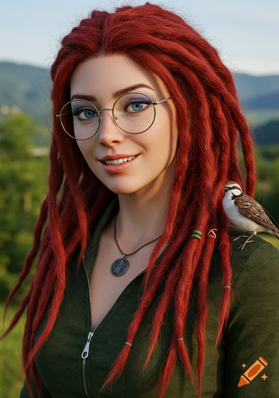 A smiling woman with red dreadlocks, round glasses, and blue eyes has a small brown bird perched on her shoulder, in a photorealistic outdoor portrait.