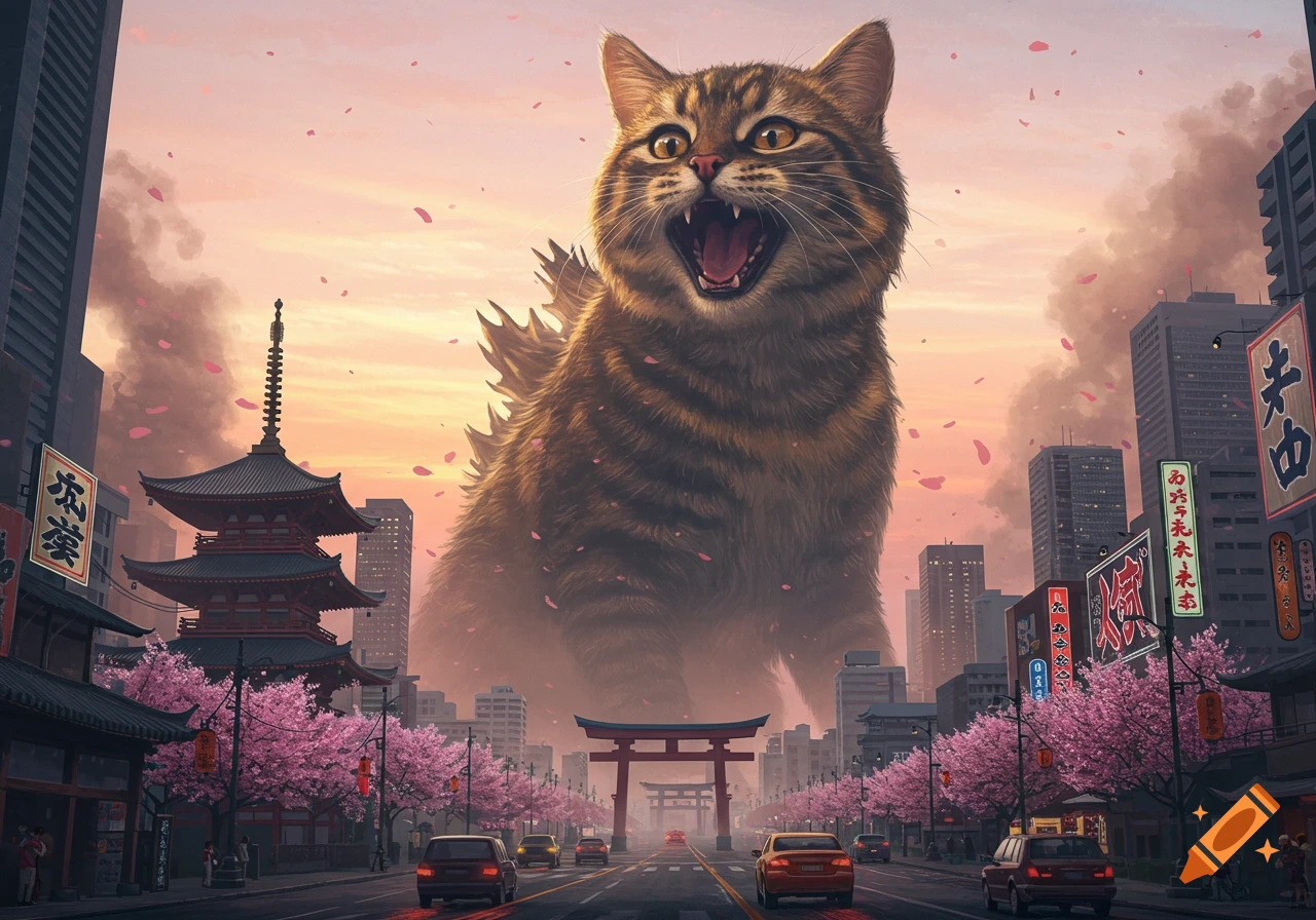 A massive, angry-looking tabby cat with Godzilla spikes looms over a Japanese city at sunset, with cherry blossoms falling.