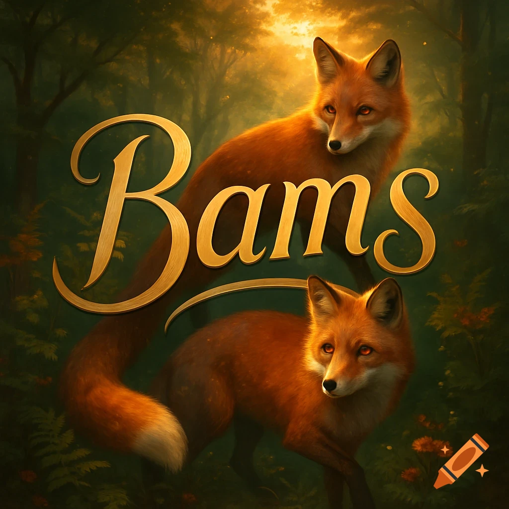 Two red foxes in a golden-lit forest with ornate gold text 'Bams' overlayed.