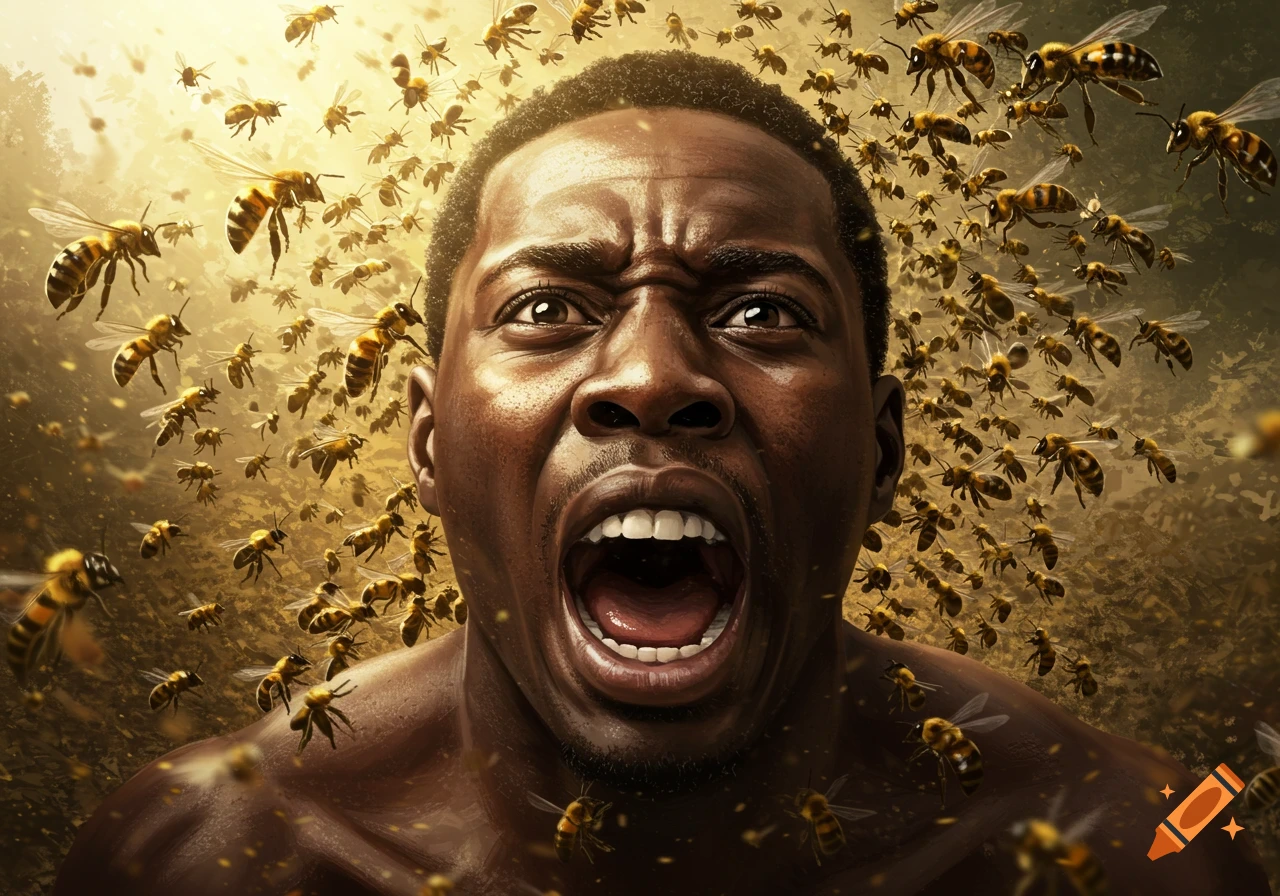 A close-up of a Black man screaming in distress, surrounded by a dense, photorealistic swarm of buzzing bees.