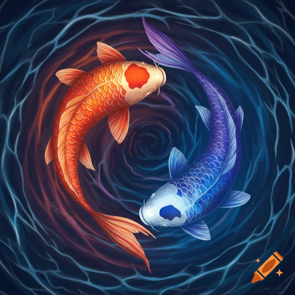 An illustrative painting of an orange koi and a blue koi swimming in a circle, forming a Yin & Yang symbol in dark, rippling water.