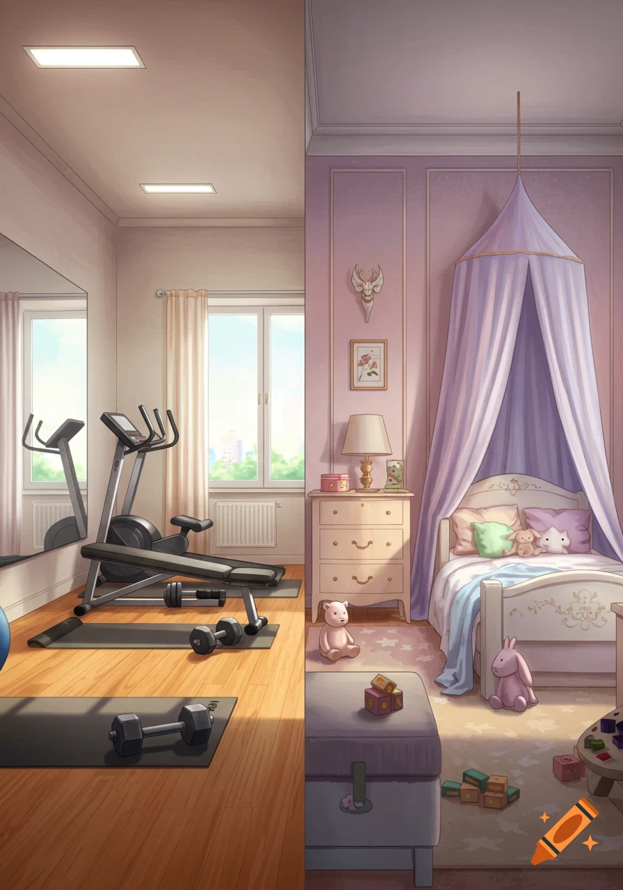 A split image shows a home gym on the left with an exercise bike and weights, and a pink children's bedroom with a canopy bed on the right.